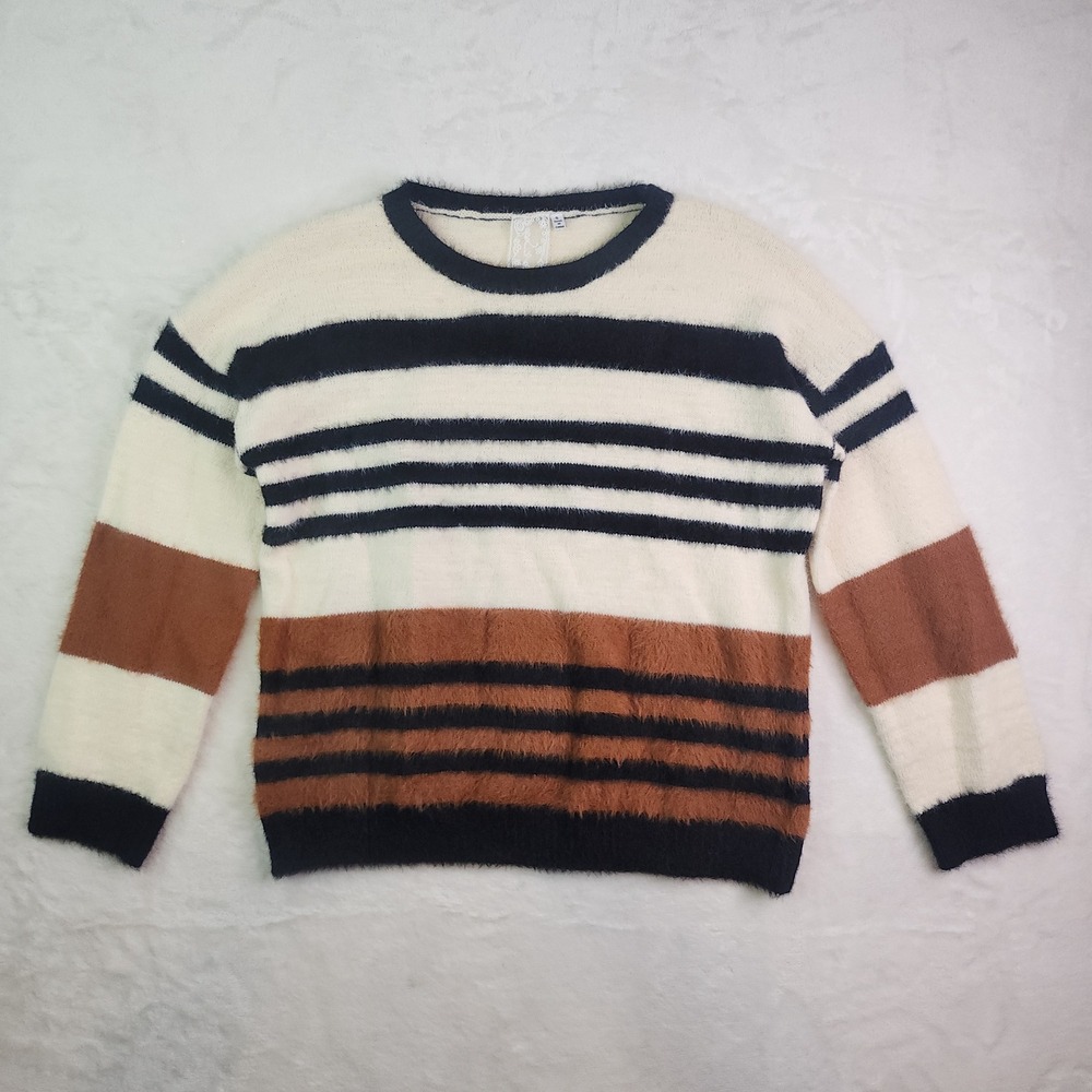 Fuzzy Colorblock Eyelash Sweater Womens Small Striped Brown Black Cream Cozycore